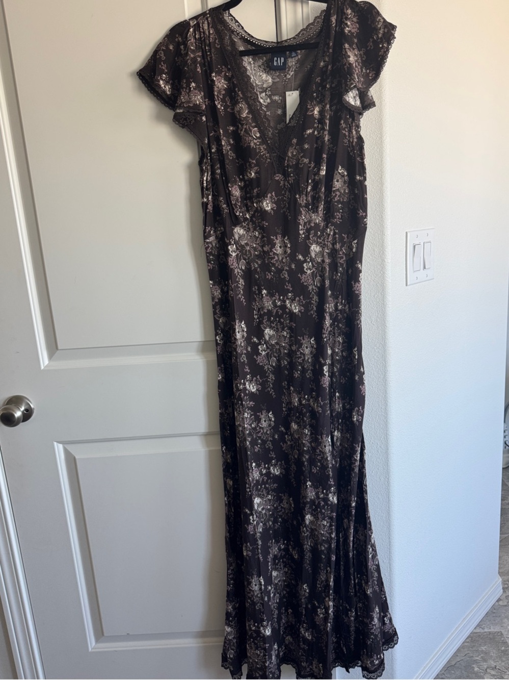 GAP Brown Floral Lace-Trim Maxi Dress
